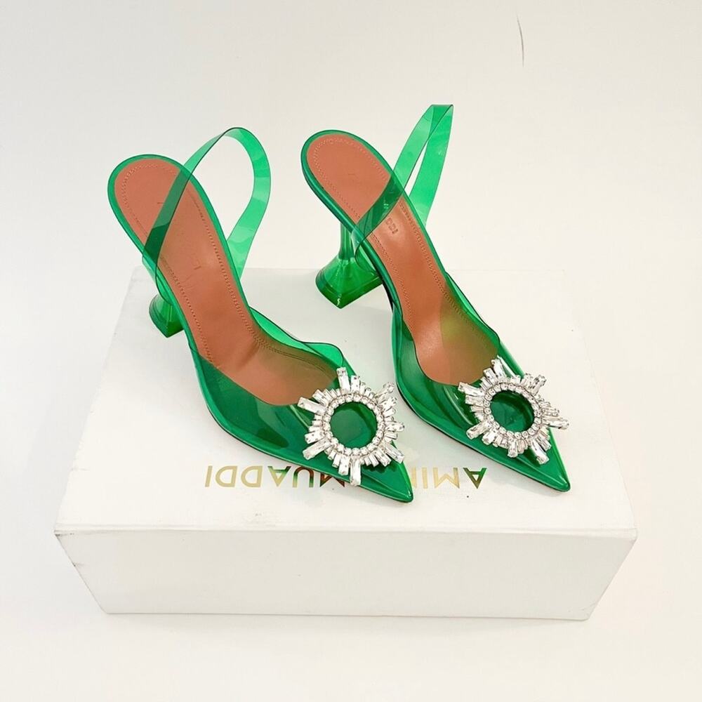 Amina Muaddi Begum Glass PVC Heels Pointed toe slingback pump green EU 37 US 7